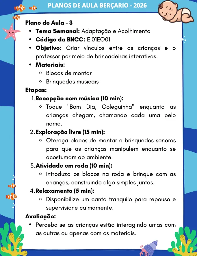 Exemplo de plano de aula pronto para berçário 3