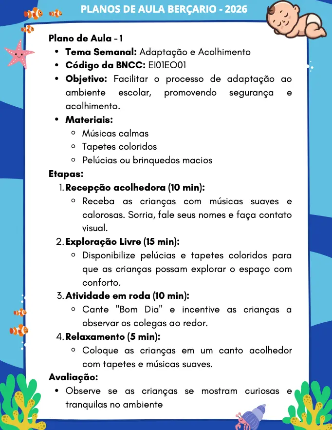 Exemplo de plano de aula pronto para berçário 1
